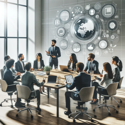 A team of professionals sitting around a table discussing.